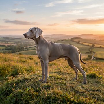 Weimaraner dog standing on a grassy hill at sunset.