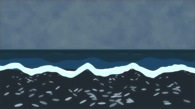 Pixelated ocean waves under a cloudy sky, animated loop representing nature and sea, abstract sea background