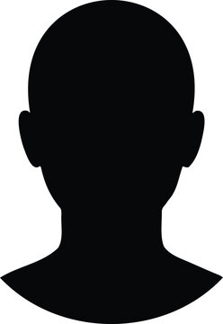 Black silhouette of a human head and shoulders, front view, isolated on a white background, simple avatar blank profile gender neutral person shape