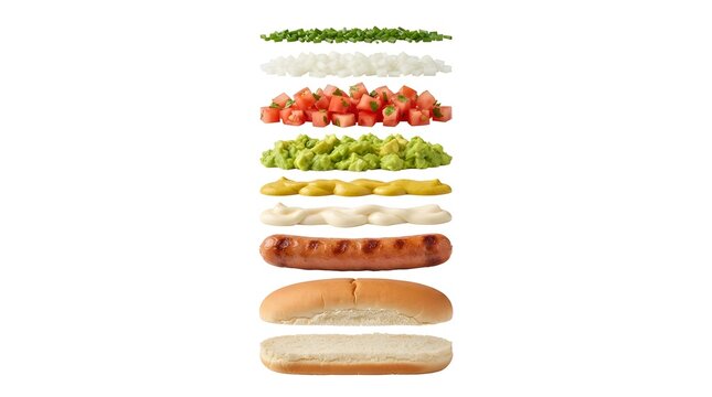 Exploded View of a Chilean Completo Hot Dog with Ingredients Floating Isolated on White Background for Culinary Menu Design and Advertising