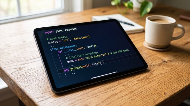 Tablet displaying Python programming code on wooden desk beside coffee cup, representing software development, coding education, technology learning, and digital workspace.