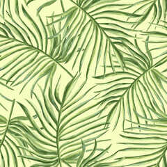 Coconut palm green leaves watercolor seamless pattern. Rainforest plant background hand drawn illustration for summer designs. Exotic tropical greenery for packaging, textile, wallpaper, scrapbooking. © susie_p_art