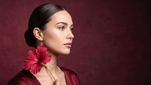 Elegant female beauty portrait with a large red hibiscus flower against a deep burgundy background, designed for floral cosmetics, beauty, skincare and premium advertising concepts.