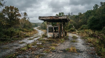 Naklejka premium Abandoned gas station in a desolate overgrown landscape under a stormy sky.