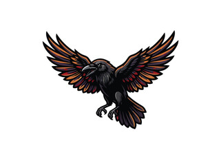 Obraz premium Black Raven Flying With Spread Wings Vector Illustration Spooky Halloween Crow Clipart