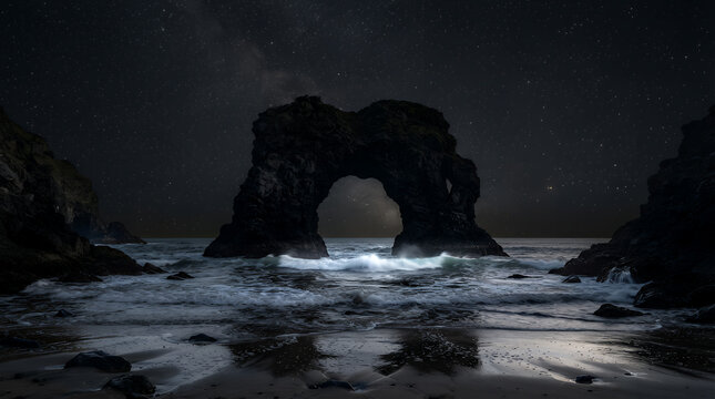 Seascape featuring a massive natural rock arch standing proudly in the middle of crashing ocean waves beneath a vast starry night sky filled with distant galaxies.