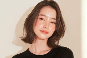 Fototapeta premium 美容, 女性, スキンケア, 化粧品, ビューティー, 若い女性, 美肌, 日本人, アジア人, フェイシャル, メイク, 美容液, 保湿, クリーム, エイジングケア, 美容医療, エステ, 美容クリニック, 肌ケア, ナチュラルメイク, 透明感, ツヤ肌, モデル, 笑顔, ポートレート, クローズアップ, リラックス, 癒し, 健康的, 美白, コラーゲン, ヒアルロン酸, アンチエイジング