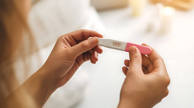 A close up photograph of a woman's hands holding a positive pregnancy test kit showing two pink lines to confirm a new life and motherhood