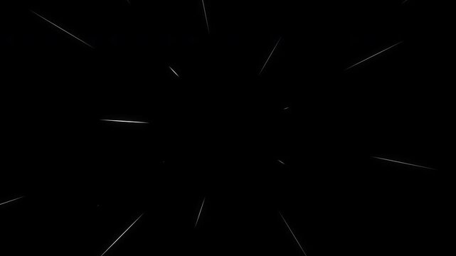 Motion graphic loop of white light streaks moving forward on black background, abstract speed effect