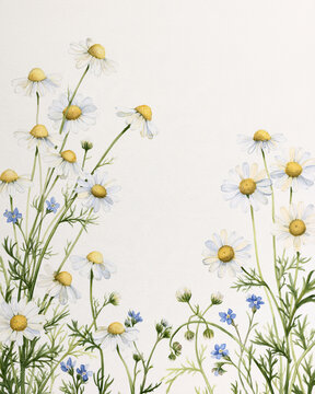 Watercolour border of chamomile daisies and cornflowers on a cream background