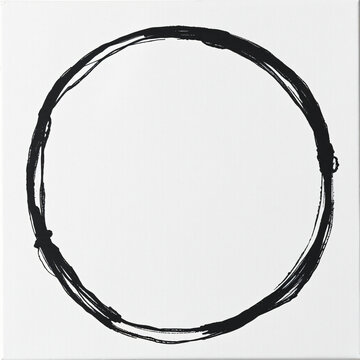imperfect minimal art single irregular hand-drawn black ink circle raw linen canvas wabi-sabi geometry authentic analog aesthetic