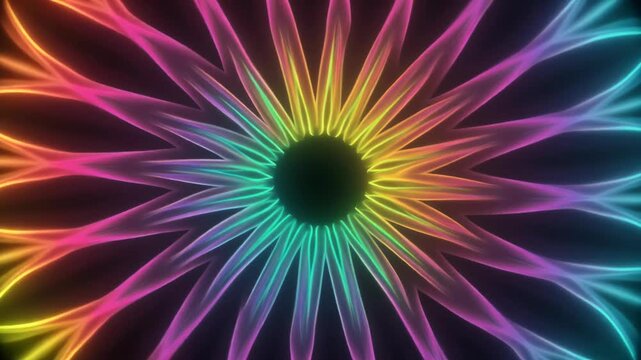 Rotating abstract radial design with multicolor spectrum radiating outward, fluid and contin