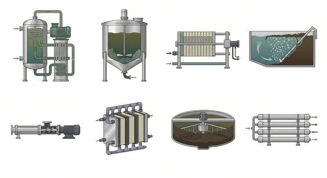 Isolated JPG illustration of an industrial effluent and Zero Liquid Discharge ZLD icon pack, featuring MVC evaporators, brine crystallizers, and filter presses.