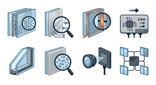 Isolated JPG illustration of an electrochromic and smart glass engineering icon pack, featuring SPD layers, PDLC matrices, and ITO coatings.