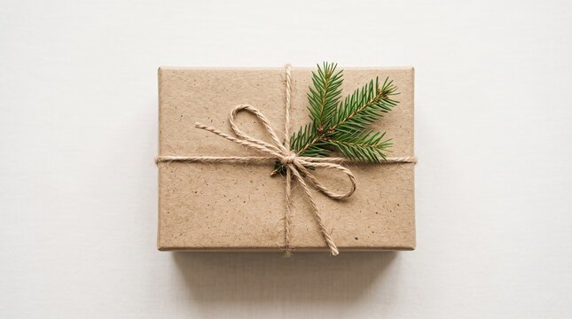 Recycled brown paper gift box tied with twine and a pine sprig on white