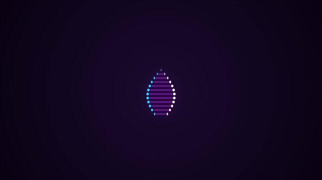 Abstract DNA double helix rotating animation with glowing purple and cyan dots on dark background, science genetics motion