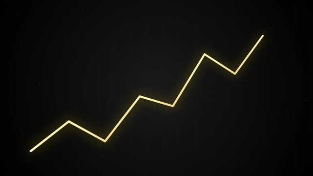 Glowing gold line chart rising animation on black background, financial growth stock market uptrend motion graphic loop