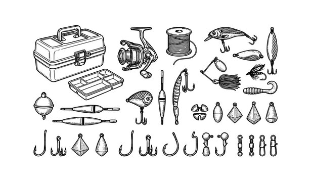 Fishing Tackle and Angling Equipment Outline Vector Collection