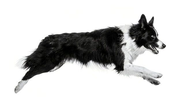 A border collie leaps mid air against a plain white background showcasing athletic ability