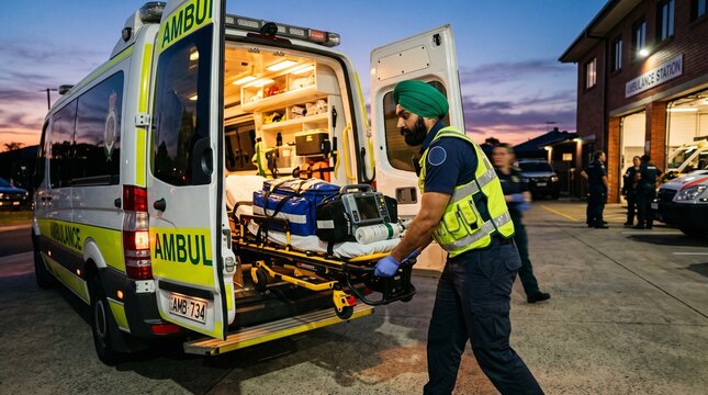 Emergency medical technician loading a stretcher into an ambulance at a station during sunset.