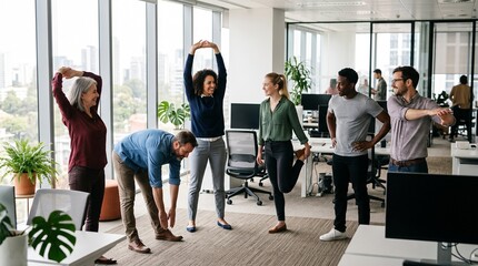 Fototapeta premium Office employees performing desk yoga and stretching exercises in modern coworking space with copy space