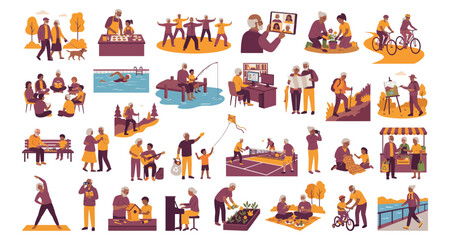 Naklejka premium People Icons Set with Leisure Activities. Diverse Figures Enjoying Outdoor Recreation, Including Fishing, Cycling, Picnics, and Playing with Pets.