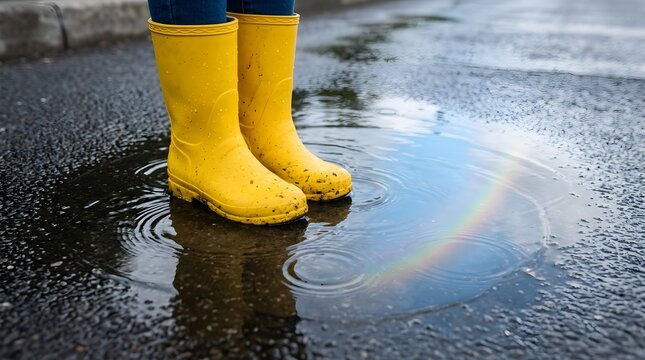 Legs wearing bright yellow rubber rain boots standing in water puddle reflecting a colorful rainbow on wet dark asphalt pavement.