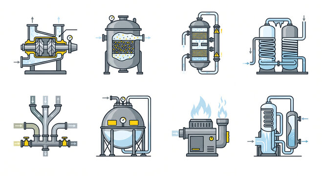 Isolated JPG illustration of a Haber-Bosch synthetic ammonia production icon pack, featuring centrifugal compressors, methanation reactors, and ASU units.