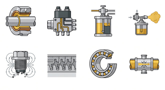 Isolated JPG illustration of an industrial tribology and centralized lubrication icon pack, featuring babbitt bearings, oil mist generators, and pneumatic pumps.