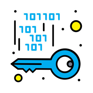 Flat icon illustration of a blue key with binary code representing digital access and security