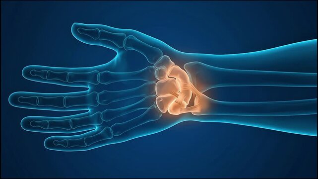 3D medical animation of a human hand skeleton with orange glow highlighting pain or inflammation in the wrist joint against a blue background