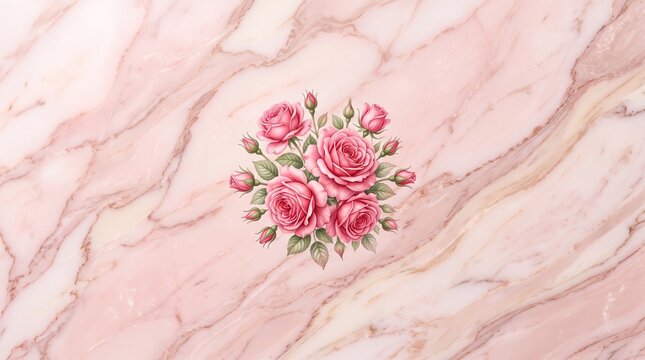 Elegant pink marble texture with vintage rose bouquet, luxury floral stone background, romantic botanical marble surface for wedding stationery isolated PNG with Transparent Background