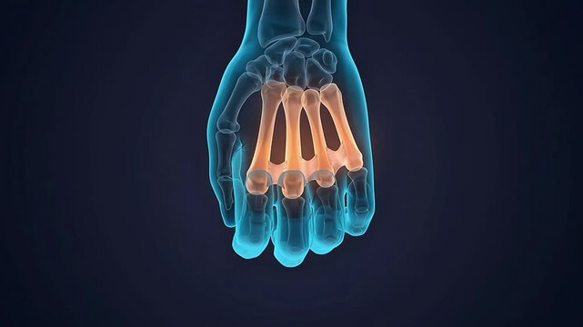 3D medical animation of the human hand anatomy highlighting the metacarpal bones in orange against a blue skeletal structure