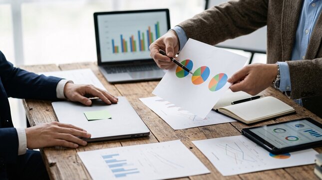 Two business professionals analyzing colorful pie charts and financial graphs on an office desk with a laptop.