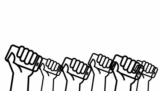 Digital activism concept featuring multiple hands holding smartphones in a bold black outline illustration, symbolizing online communication, social engagement, and collective digital participation.