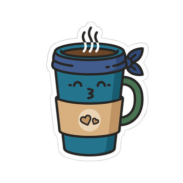 Cute coffee cup with paper sleeve making a kissy face, flat vector clipart with bold outline and solid colors, playful character for stickers and decals