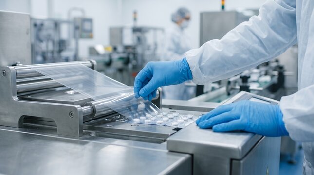 premium pharmaceutical manufacturing photo, macro close-up of gloved production technician hands monitoring an automated blister packaging machine forming transparent cavities around generic tablets