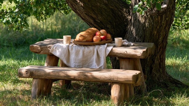Rustic picnic setup under a tree featuring fresh bread, apples, and rustic wooden table and bench in a serene outdoor setting