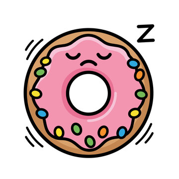 Sleepy cartoon donut with pink frosting and colorful candy sprinkles, pouting with a grumpy frown, zzz symbol, flat vector illustration