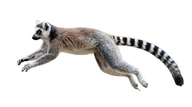 Ring tailed lemur leaping mid air isolated on a white background ring tailed