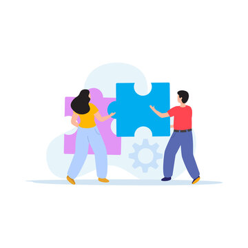 Man and woman connecting puzzle pieces representing collaboration and teamwork with business solution