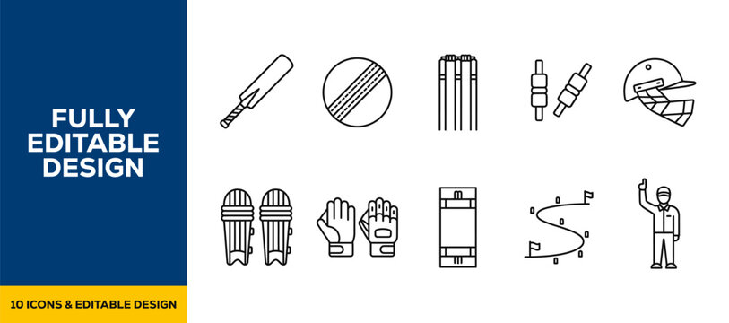 Cricket sport match and championship equipment line icon set featuring cricket bat ball wickets stumps helmet pads and umpire signal vector icons