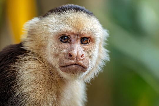 Close-up portrait of a white-faced capuchin monkey with expressive eyes, captured in a natural setting with lush green background.