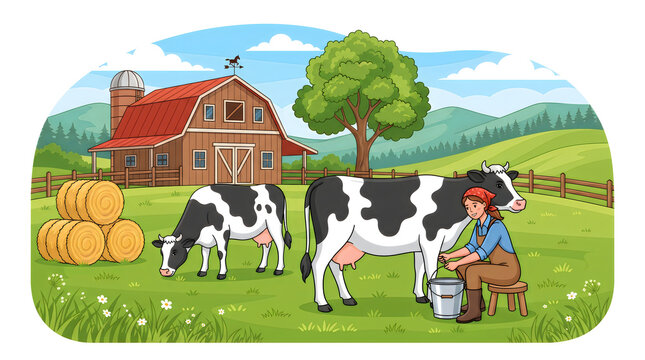 Farmer Milking Cow on Farm, Rural Landscape Illustration. Agricultural Scene with Barn, Hay Bales, and Rolling Hills. Farming Concept Design.