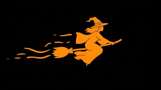 Witch riding a broomstick vector illustration with a bright orange silhouette isolated against a dark black background for Halloween seasonal events and spooky graphic design projects.