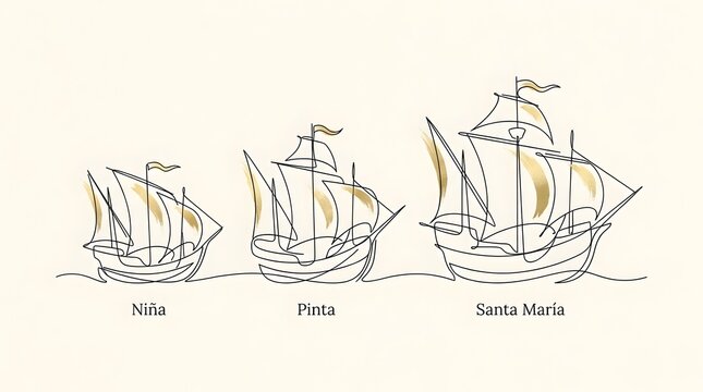 Minimalist line art illustration of historical Columbus fleet ships.