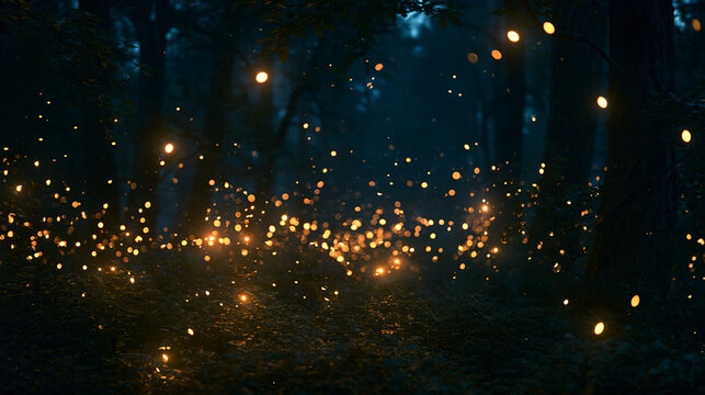 Swarm of glowing golden fireflies flying through dark blue night forest, magical sparkling light particles among trees, misty fantasy woodland atmosphere, enchanted fairy tale nature background scene