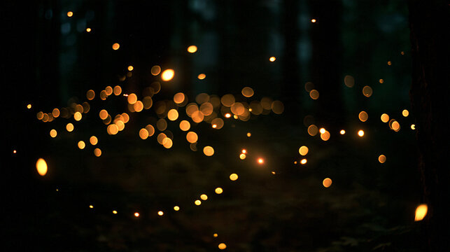Glowing golden fireflies bokeh on dark black background, blurred warm orange light particles floating at night, abstract magical sparkle effect, defocused embers, dreamy fantasy glitter backdrop