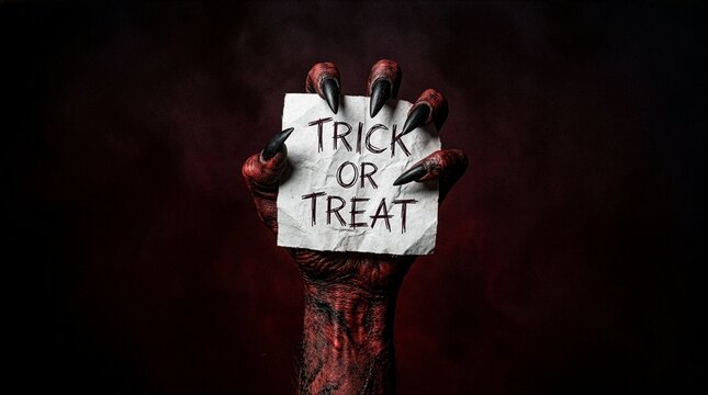 A creepy monster claw with long black nails tightly grips a small white paper with handwritten Trick or Treat text, set against a dark red and black textured background for Halloween theme