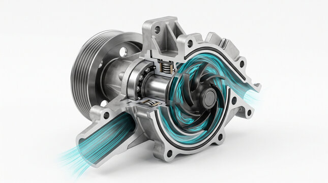 Automotive Water Pump Cutaway with Coolant Flow and Internal Impeller